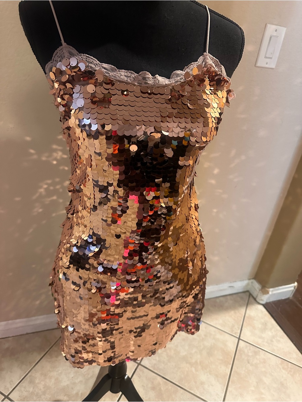 Gold Sequin Slip Dress with Lace Trim - Picture 3 of 5